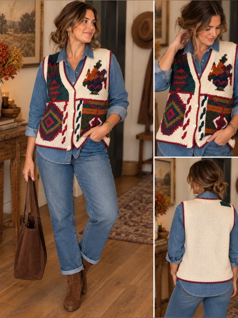 Vintage Hand Knotted Fall Sweater Vest XL Southwestern Folk Boho Statement Piece